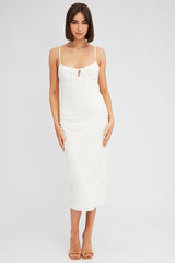 White Midi Dress Gathered Bust Eyelet Fabric