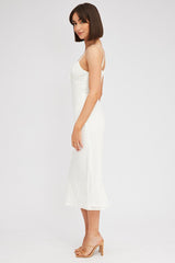 White Midi Dress Gathered Bust Eyelet Fabric