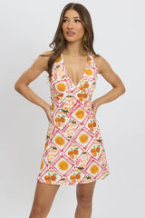 Multi Abstract A Line Mini Dress Sleeveless Linen Blend
