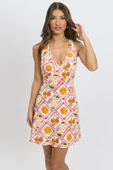 Multi Abstract A Line Mini Dress Sleeveless Linen Blend