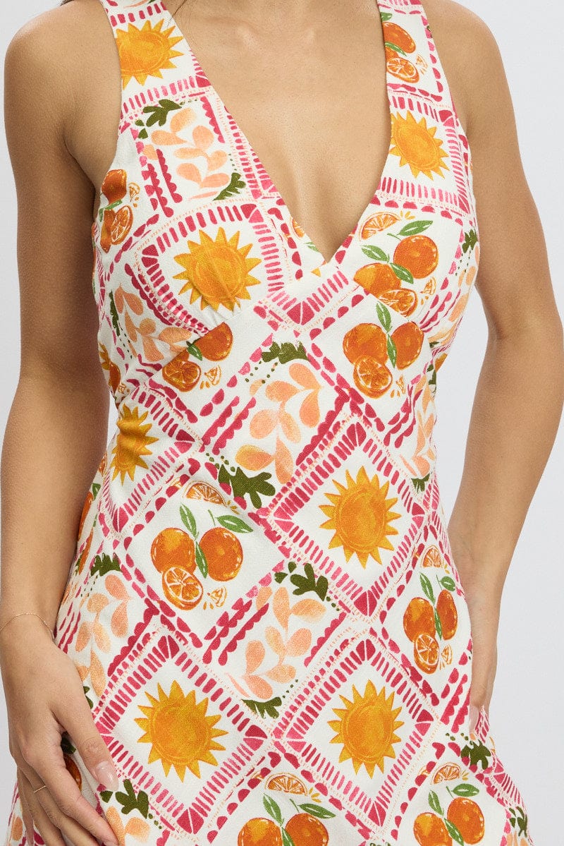 Multi Abstract A Line Mini Dress Sleeveless Linen Blend