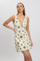 Beige Abstract A Line Mini Dress Sleeveless