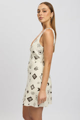 Beige Abstract A Line Mini Dress Sleeveless