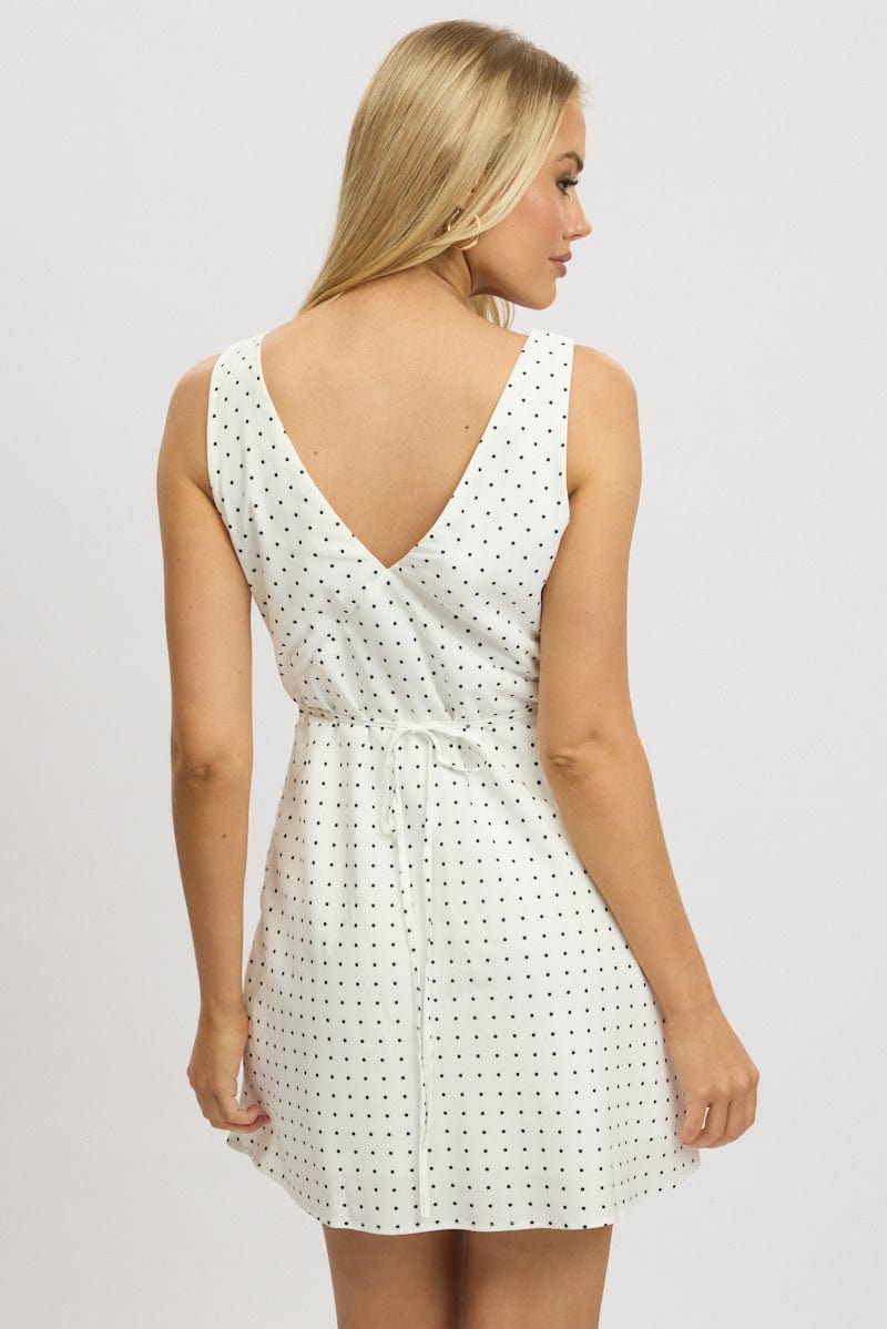 White Polka Dot A Line Mini Dress Sleeveless