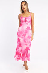 Pink Floral Bodycon Dress Midi