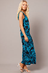 Blue Floral Maxi Dress V-Neck Sleevelss