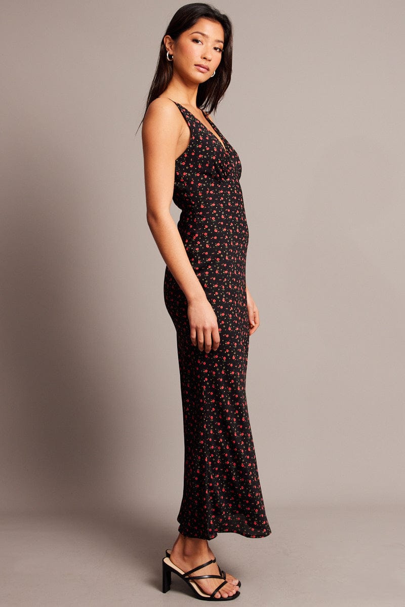 Black Ditsy Maxi Dress V-Neck Sleeveless