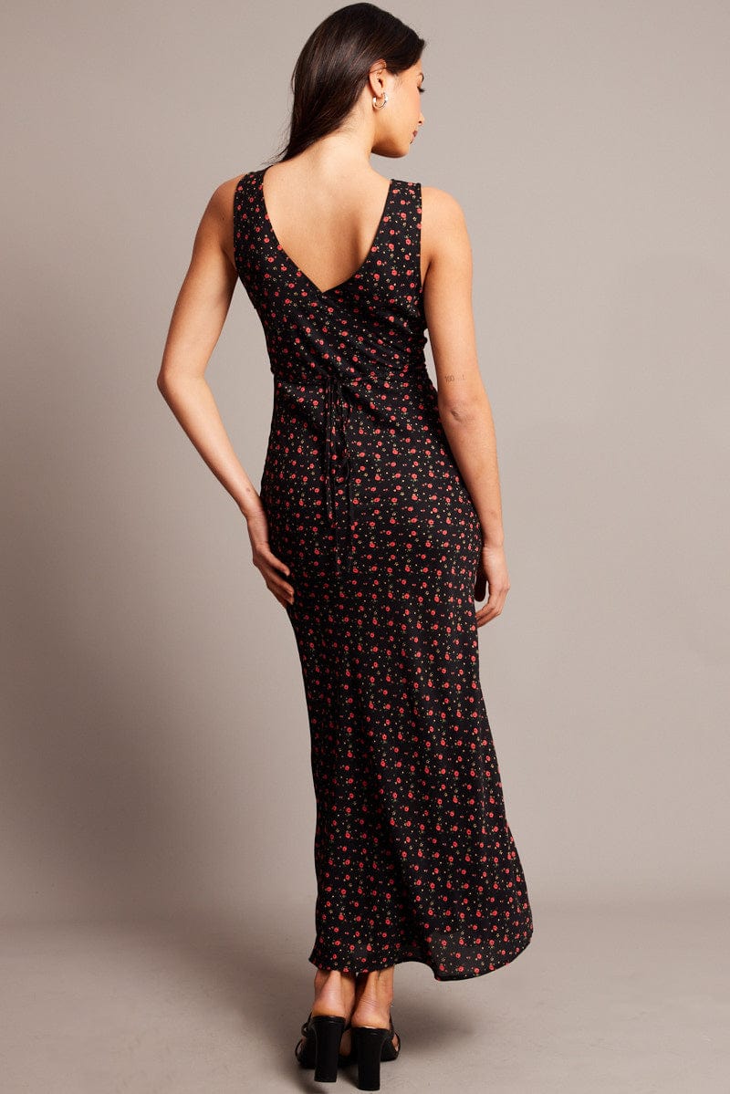 Black Ditsy Maxi Dress V-Neck Sleeveless