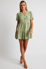 Green Button Through Mini Dress Collar Linen Blend