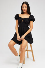 Black Fit And Flare Dress Puff Sleeve Mini