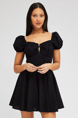 Black Fit And Flare Dress Puff Sleeve Mini