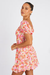Pink Floral Fit And Flare Dress Puff Sleeve Mini