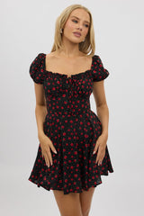 Black Ditsy Fit And Flare Dress Mini