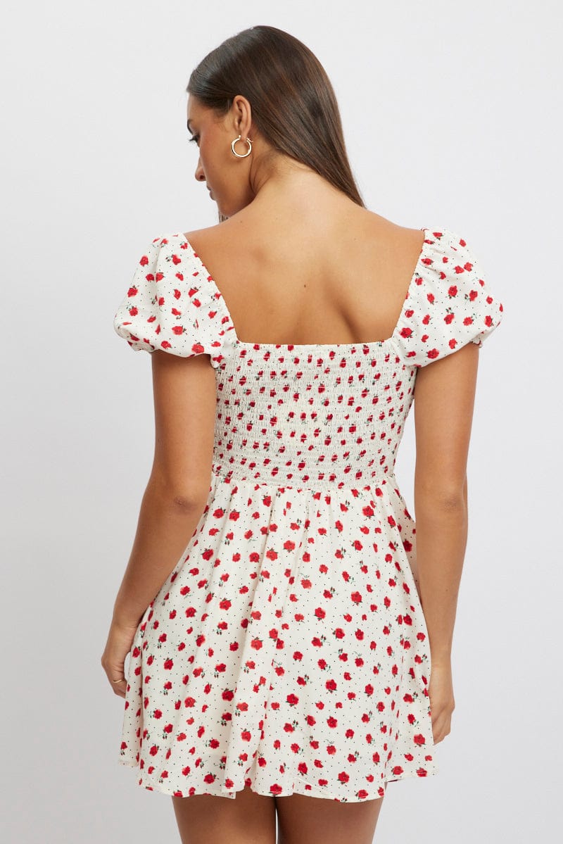 Red Ditsy Fit And Flare Dress Mini
