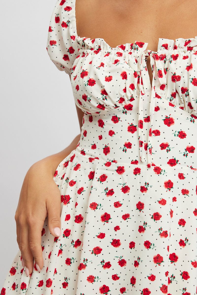 Red Ditsy Fit And Flare Dress Mini