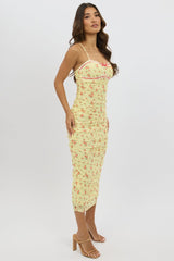 Yellow Ditsy Bodycon Dress Singlet Mesh Midi