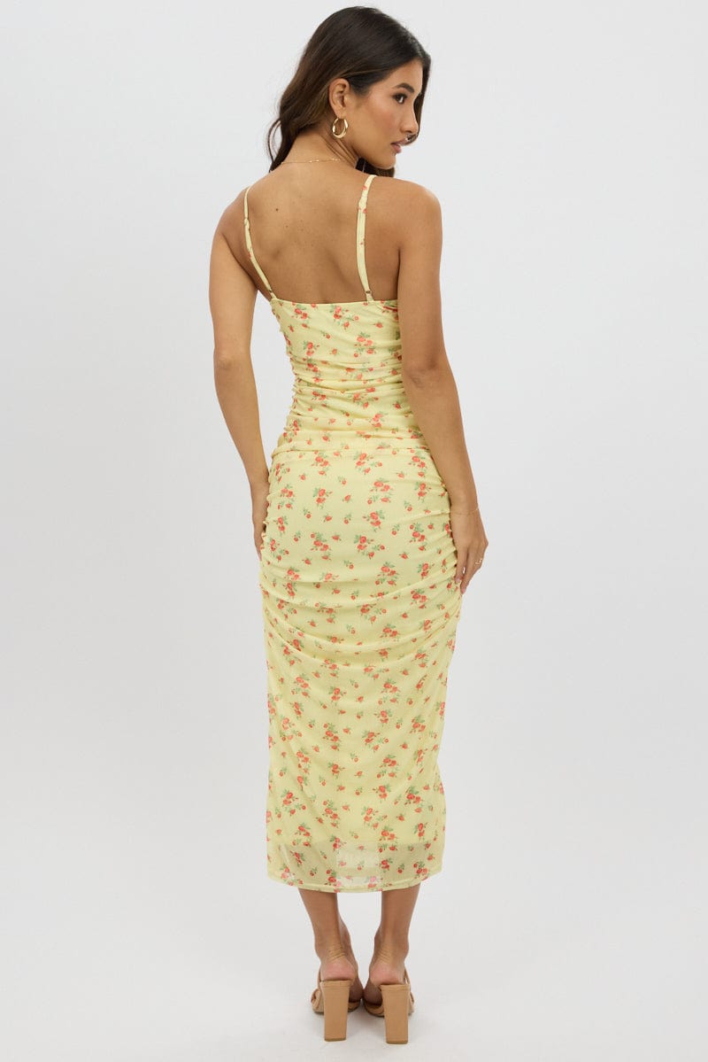 Yellow Ditsy Bodycon Dress Singlet Mesh Midi
