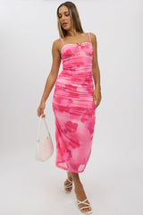 Pink Floral Bodycon Dress Singlet Mesh Midi