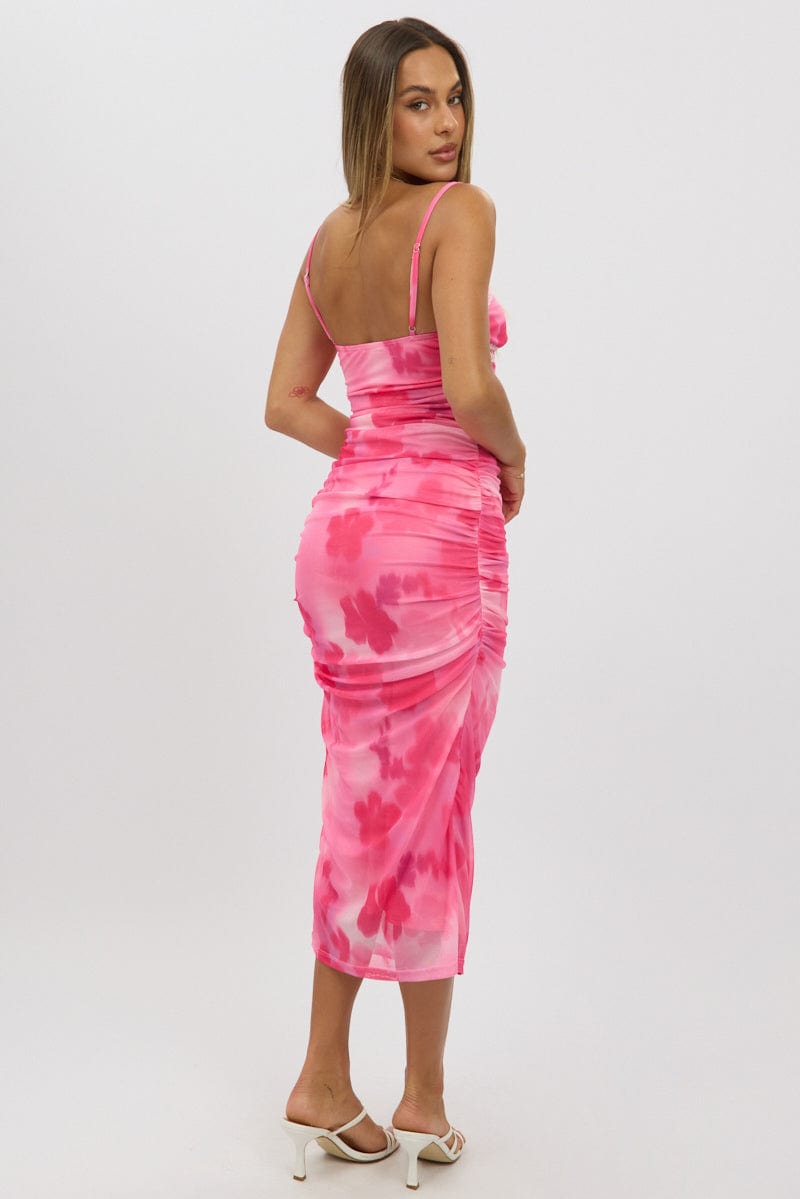 Pink Floral Bodycon Dress Singlet Mesh Midi