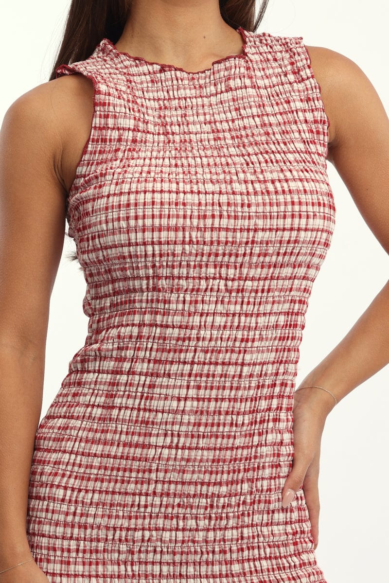 Red Check Bodycon Dress Shirred Mini