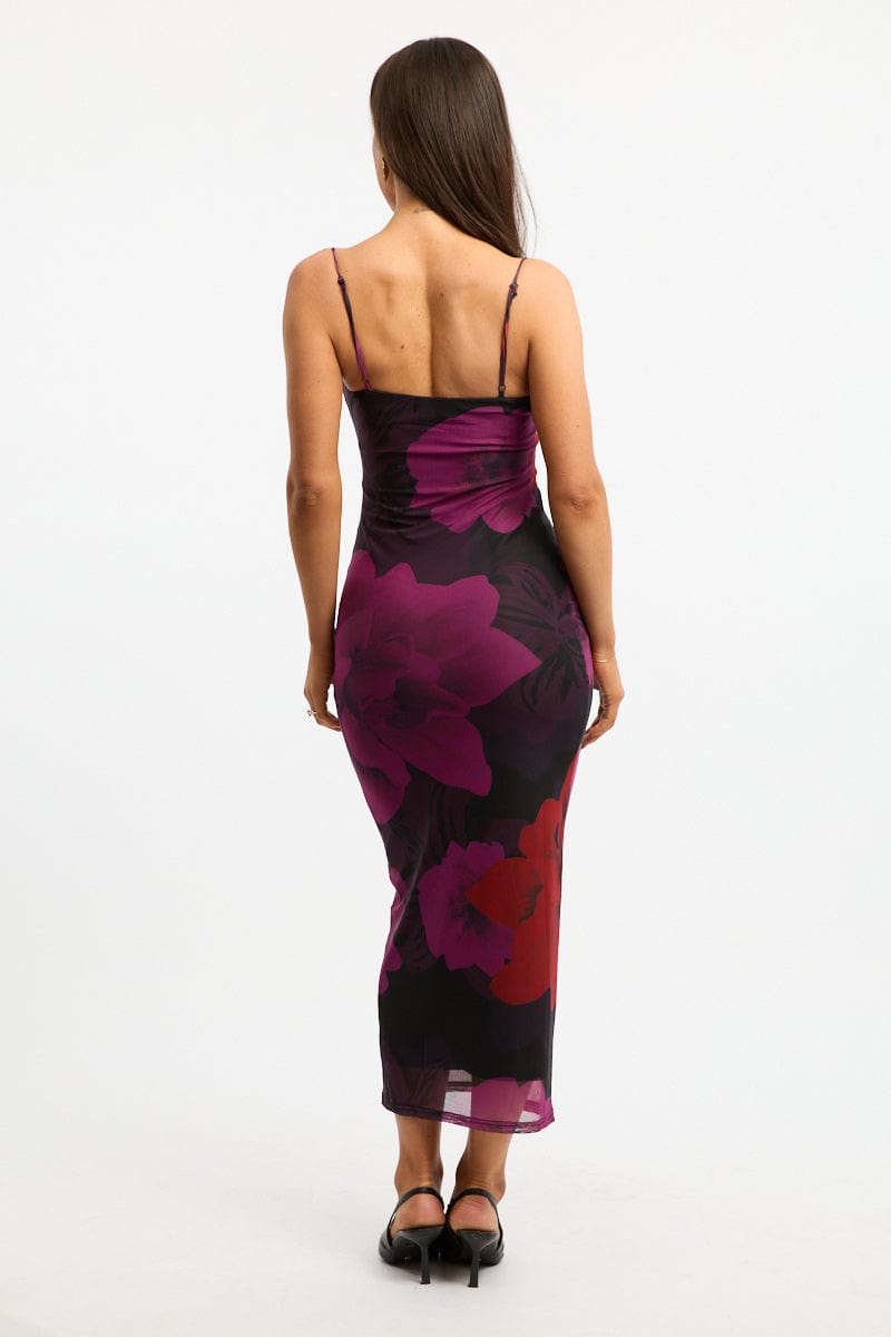 Black Floral Bodycon Dress Cowl Neck Maxi