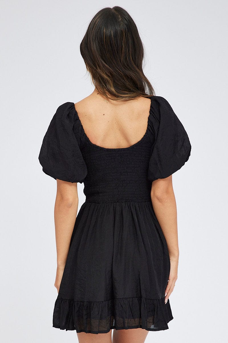 Black Fit And Flare Dress Shirred Bust Mini