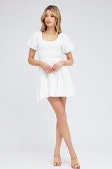 White Fit And Flare Dress Shirred Bust Mini