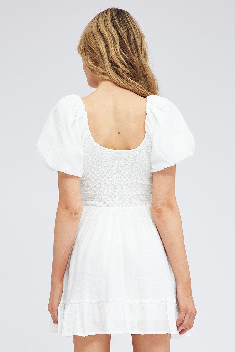 White Fit And Flare Dress Shirred Bust Mini