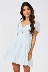 Blue Fit And Flare Dress Puff Sleeve Mini