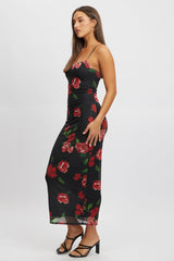 Black Floral Bodycon Dress Maxi Mesh