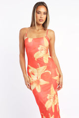 Orange Floral Bodycon Dress Maxi Mesh Â