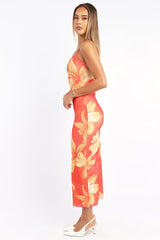 Orange Floral Bodycon Dress Maxi Mesh Â