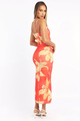Orange Floral Bodycon Dress Maxi Mesh Â
