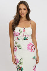 Purple Floral Midi Dress Gathering Bust Sleeveless