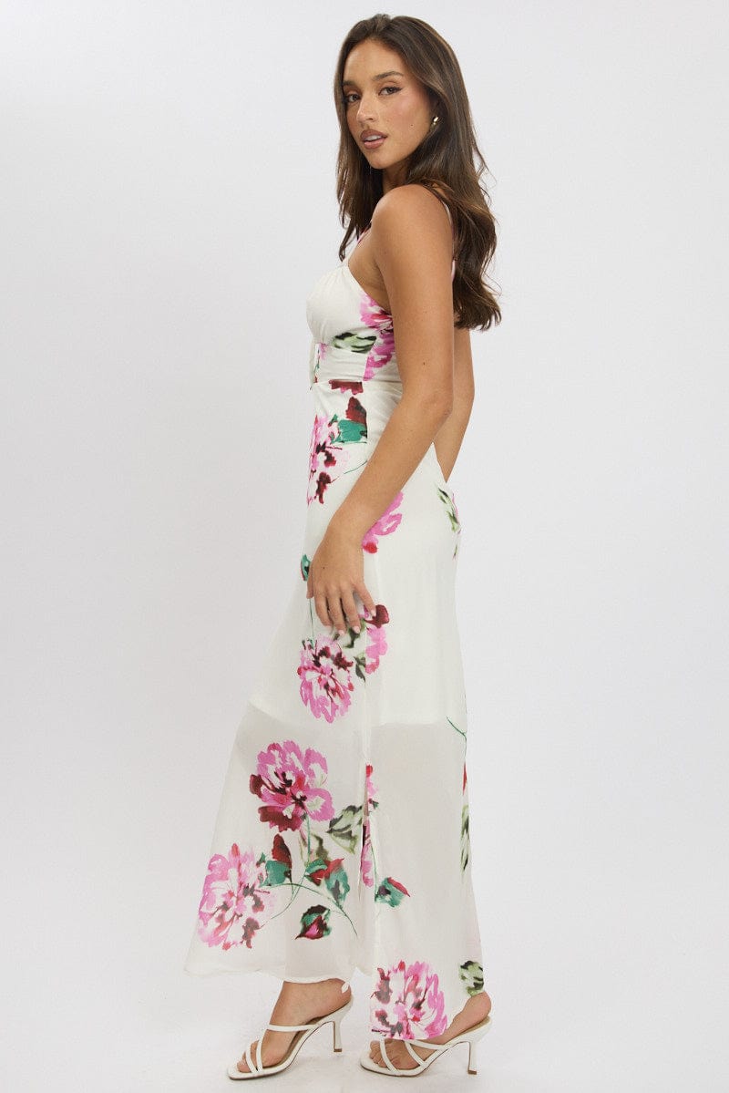 Purple Floral Midi Dress Gathering Bust Sleeveless