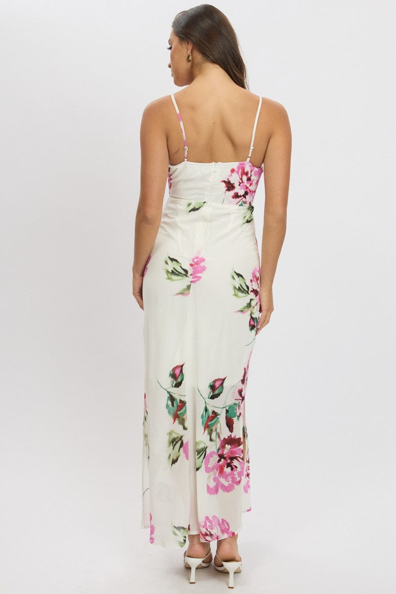Purple Floral Midi Dress Gathering Bust Sleeveless