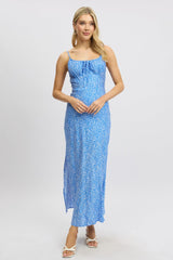 Blue Ditsy Midi Dress Gathering Bust Sleeveless