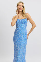 Blue Ditsy Midi Dress Gathering Bust Sleeveless