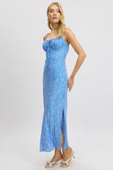 Blue Ditsy Midi Dress Gathering Bust Sleeveless