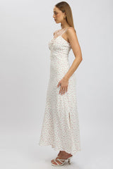 White Ditsy Midi Dress Gathering Bust Sleeveless