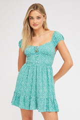Green Ditsy Fit And Flare Dress Mini