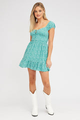 Green Ditsy Fit And Flare Dress Mini