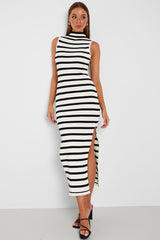 Black Stripe Knit Dress Sleeveless Midi