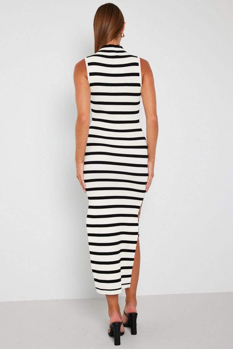 Black Stripe Knit Dress Sleeveless Midi