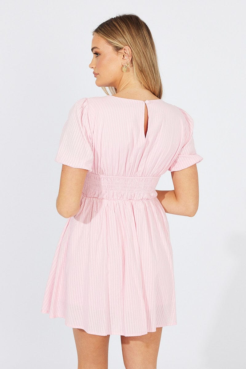 Pink Fit And Flare Dress Puff Sleeve