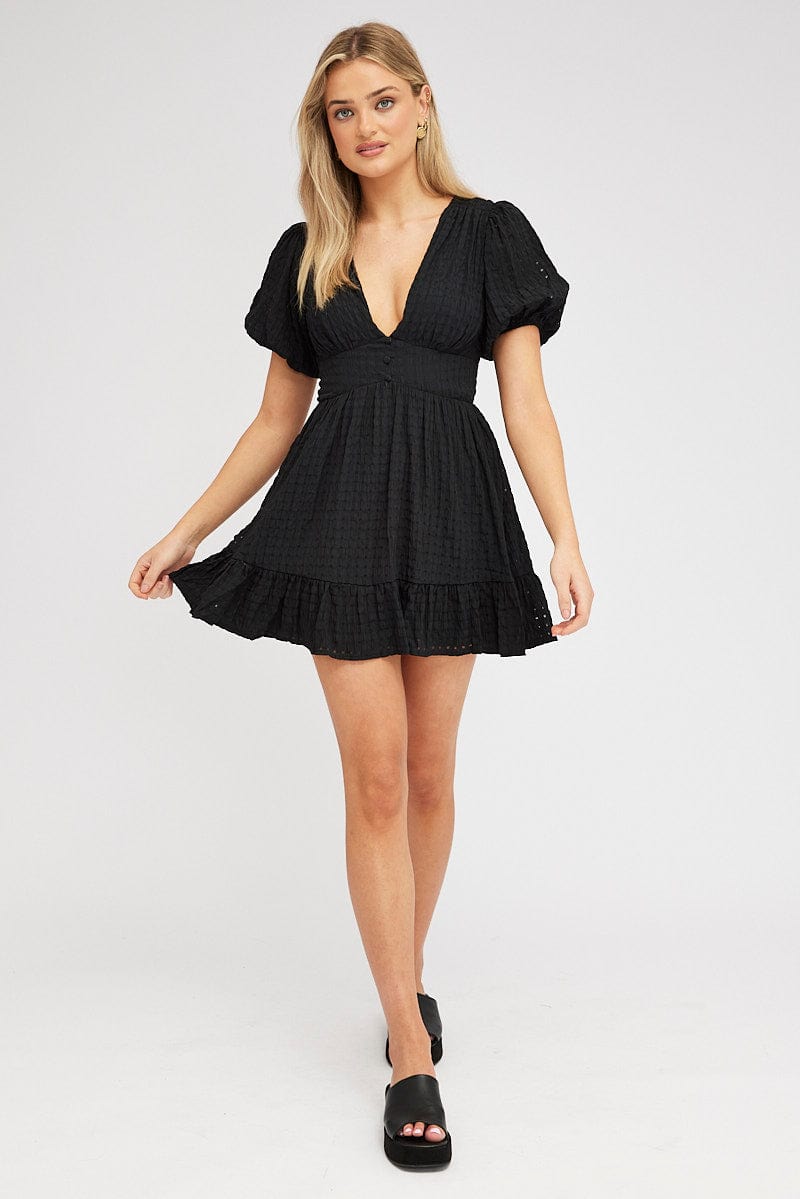 Black Fit And Flare Dress Puff Sleeve Mini