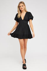 Black Fit And Flare Dress Puff Sleeve Mini