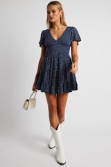 Blue Ditsy Fit And Flare Dress V-neck Mini