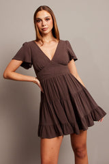 Brown Fit And Flare Dress V-neck Mini