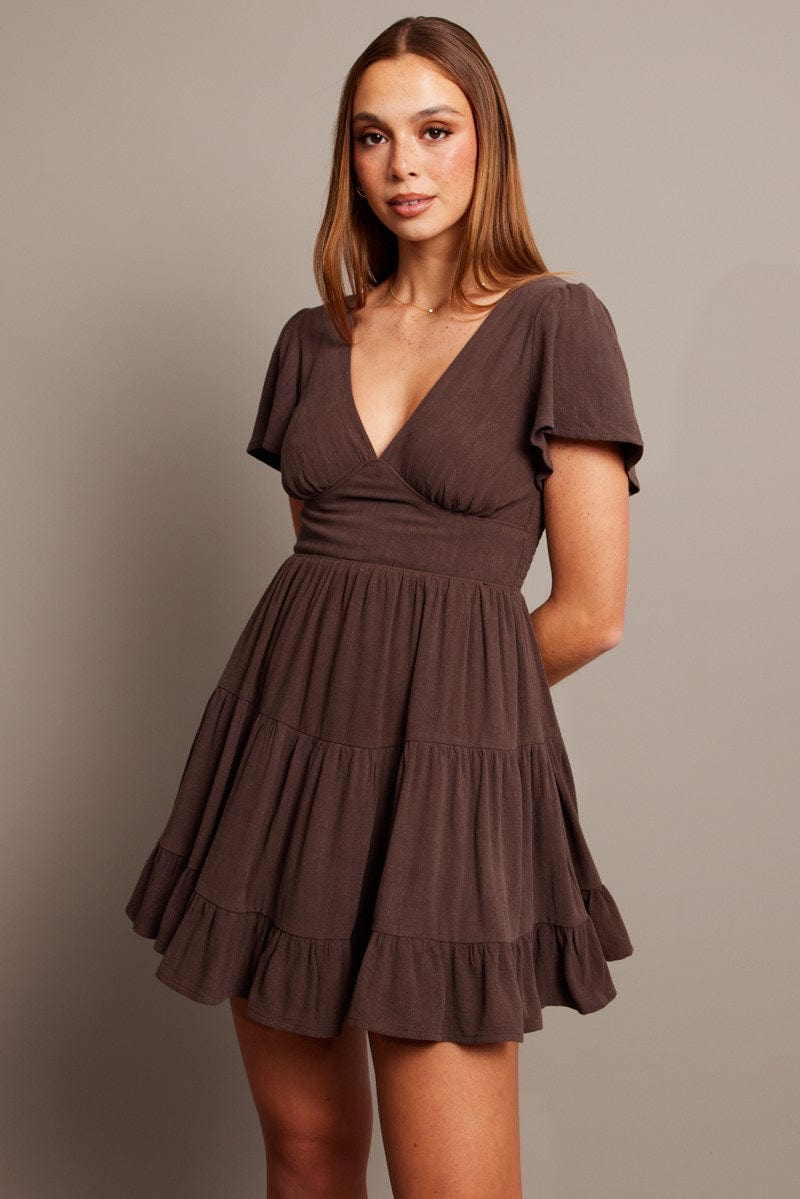 Brown Fit And Flare Dress V-neck Mini
